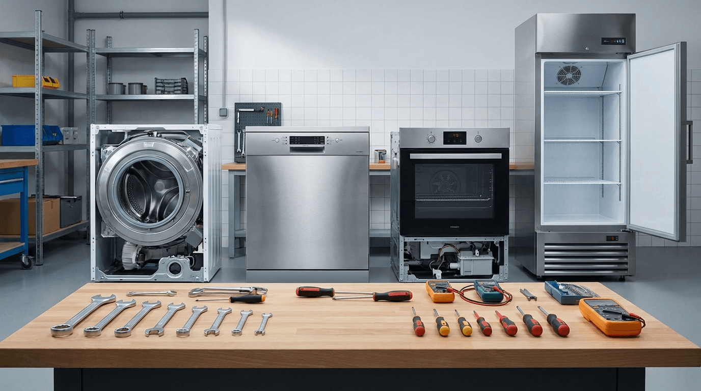 Professional appliance repair workshop with washing machine, oven and tools